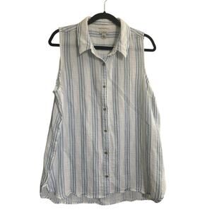 LL Bean Womens XL Cloud Gauze Sleeveless Shirt 100% Cotton White Blue #5662